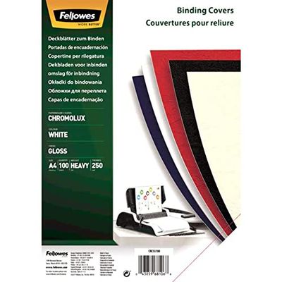 Fellowes A4 100 Percent Recyclable Chromolux Gloss Binding Covers, Heavyweight, 250 gsm Presentation Covers, FSC, White, Pack of 100