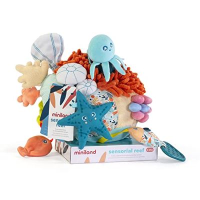 Miniland Sensorial Reef. Centro de Actividades para Bebe, Estimulación Sensorial Marina con Texturas, Mordedor, Sonajero Extraíble y Sonidos para Desarrollo Infantil