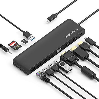USB-C-dockningsstation 3 bildskärmar, WAVLINK-dockningsstation med HDMI, DP, VGA, 100 W PD, USB3.0 & 2.0, RJ45, SD/TF-slitsar, ljud/mikrofon, för Lenovo/HP/Dell osv. – svart