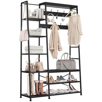 YITAHOME Perchero de Pie, Mueble de Entrada con Banco, Colgador Metálico para Gorros, Perchero con 9 Ganchos y 5 Estantes, para Pasillo, Sala de Estar, Dormitorio, Negro