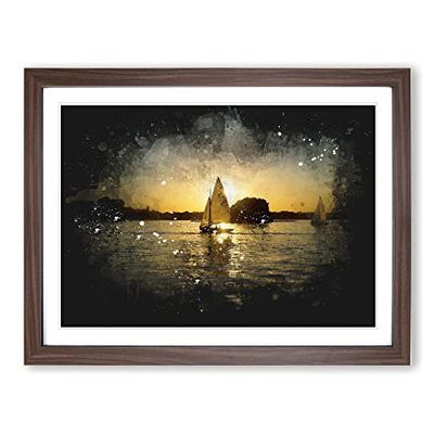 Sailboats On The Lake Paint Splash Modern Art Framed Wall Art Print, Ready to Hang Picture for Living Room Bedroom Home Office Décor, Walnut A3 (46 x 34 cm)