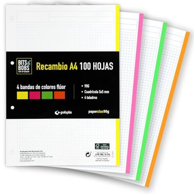 Grafoplás | Refill of 100 A4 Sheets, 5 x 5 mm Grids, 4 Fluorescent Coloured Bands, 4 Drills, PaperClas90g, Bits & Bobs Pop and Design