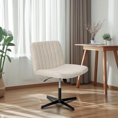 FurnitureR Biurko bez ramion, obrotowy makijaż z krzyżową podstawą, sypialnia z tkaniny, duże i grube siedzisko i krzesło komputerowe z regulacją wysokości, metal, beżowy, 63 x 63 x 88 cm