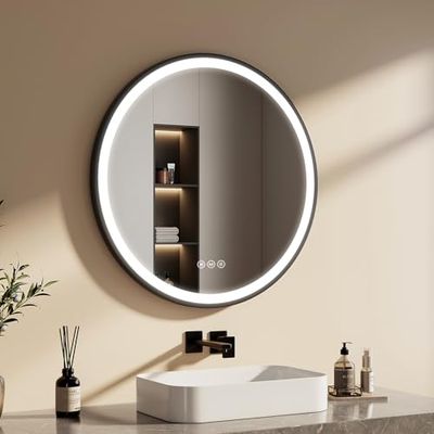 EMKE Specchio bagno rotondo 80 cm, specchio rotondo con interruttore tattile e funzione antiappannamento,3 colori di luce,specchio tondo bagno cornice nera e tracolla regolabile