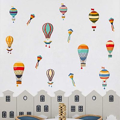 Hete luchtballonnen, 2D-animatie, kleurrijke decoratie, Scandinavische stijl, kindermuurstickers, bergstickers, kinderkinderkamer, kinderkamer, kinderkamer, avontuur, kinderkamer, peuterslaapkamer