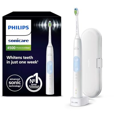 Philips Sonicare ProtectiveClean 4500 - brosse à dents électrique avec 2 modes de brossage, Clean et White, capteur de pression, minuterie et étui de voyage, blanc, modèle HX6839/28