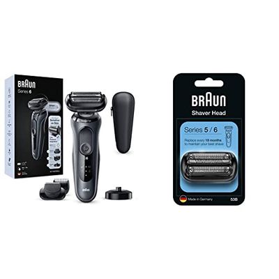 Braun Series 6 Electric Shaver + Series 5/6 Replacement Head Bundle: with Beard Trimmer, Charging Stand & Travel Case, 100% Waterproof, UK 2 Pin Plug, 60-N4500cs, Grey Razor + Shaver Head, 53B, Black