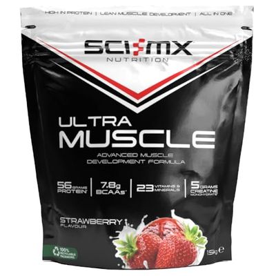 SCI-MX Ultra Muscle - Protein Powder for Muscle Development + 23 Vitamins & Minerals - Strawberry • 5g Creatine + 7.8g BCAAs per Serving • 1.5kg