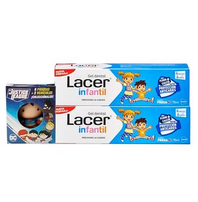 LACER JUNIOR Duplo żel do zębów dla dzieci, 75 ml z figurką ligi sprawiedliwości, dla dzieci w wieku od 6 miesięcy do 6 lat, zapobiega próchnicy, formuła fluoru plus wapń, pielęgnacja zębów mlecznych