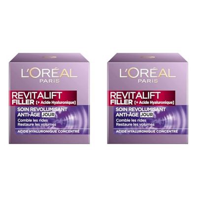L'Oréal Paris - Soin Anti-Âge Revolumisant - Crème Jour Anti-Rides & Volume - Hydratation & Fermeté - Enrichi en Acide Hyaluronique - Pour Tous Types de Peaux - Revitalift Filler - 50 ml (Lot de 2)