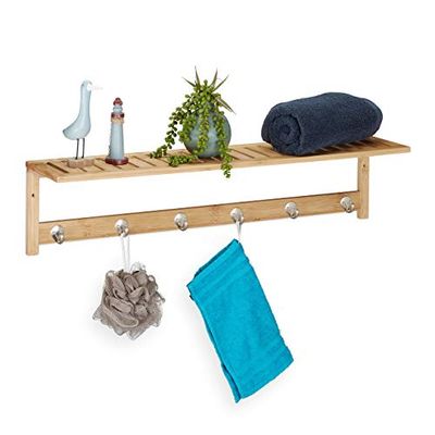 Relaxdays Portasciugamani con Mensola, 6 Ganci, Bagno & Corridoio, Appendiabiti, Bambù, 18 x 75 x 16 cm, legno naturale