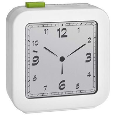 TFA Dostmann Digital trådlös väckarklocka, 60,2556.02, analog display, reseväckarklocka, larm med snooze-funktion, bakgrundsbelysning, vit, L 80 x B 40 x H 120 mm