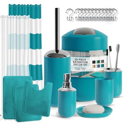 Clara Clark Ensemble d'accessoires de Salle de Bain, Rideau de Douche et Tapis, 23 pièces, Rideau de Douche avec Doublure, Distributeur de Savon, Porte-Savon, Porte-Brosse WC, Poubelle, Bleu Sarcelle