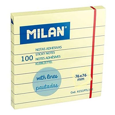 MILAN Pad of 100 Light Yellow Ruled Sticky Notes 76 x 76 mm New