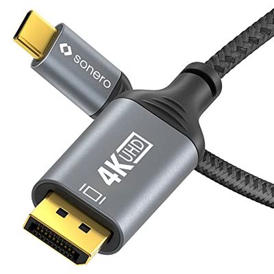 Sonero® 4K USB-C till DisplayPort-kabel, DisplayPort hane till USB-C hane, 4K 60 Hz, 21,6 GB/s, bomullsskydd, grå/svart, 1,00 meter