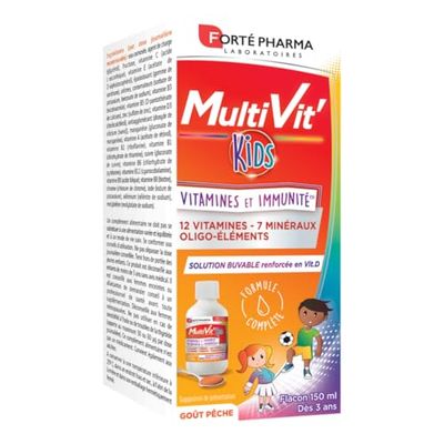 Forté Pharma - Multivit' Kids Défenses | Sirop Enfants MultiVitamines - Goût Pêche - Vitamines Enfants et Immunité - Dès 5 ans | 12 Vitamines et 7 Minéraux - Renforcé en Vitamine D | Flacon 150 ml