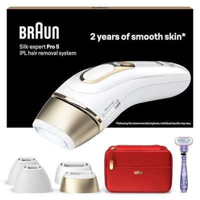 Braun IPL Silk-Expert Pro 5, IPL Hair Removal Device, Permanent Visible Hair Removal, 1 Wide & 2 Precision Heads & Venus Razor, Alternative For Laser Hair Removal, Gift For Women, PL5387, White/Gold