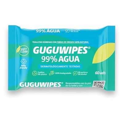 Guguwipes Toallitas húmedas para bebé 99% agua sin plástico - 60uds - Fibras origen 100% natural