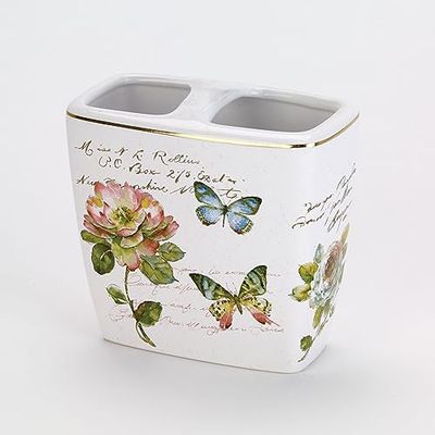 Avanti Sängkläder - Tandborsthållare, keramiska badrumstillbehör, blommig heminredning (fjärilsträdgårdssamling)