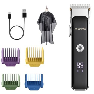 BarberBoss Professional Men’s Facial Trimmer & Beard Grooming Kit: Hair Clipper, Precision Dial, Ceramic & Titanium Blades, 2 Speed Settings, USB Rechargeable, Waterproof, LED Display