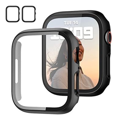 2 stuks hoesje met gehard glas schermbeschermer voor Apple Watch Series 7 45mm, JZK Slim Guard Bumper Volledige dekking Harde PC Beschermhoes HD Ultradunne Cover voor iWatch 45mm Accessoires, Zwart +