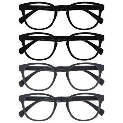 Opulize Pop Reading Glasses 4 Pack Fun Round Matt Frame Black Grey Spring Hinges Scratch Resistant Mens Womens RRRR2-1177 +1.00