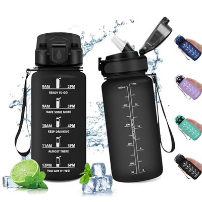 500 ml sportflaska, gymflaska med sugrör, vattenflaska med motiverande tidsmarkör, återanvändbar flaska, läckagesäker, vattenflaska för barn, sport, skola, gym