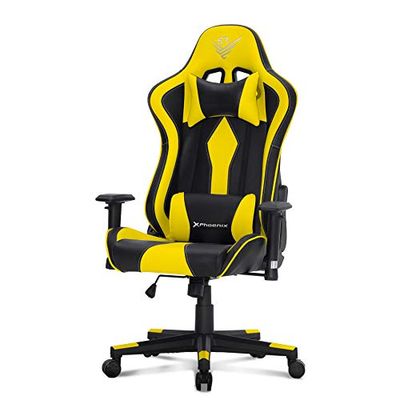 Phoenix Technologies Gamingstoel voor kantoor, computer, ergonomisch, draaibaar, PU, met lendenkussen, 2D-armleuningen, klasse 4-zuiger tot 150 kg (geel)