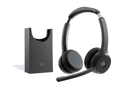 Cisco Headset 722, draadloze dubbele on-ear Bluetooth-hoofdtelefoon, Webex-knop, USB-A HD Bluetooth-adapter, zachte hoes, oplaadstandaard, koolstofzwart, 1 jaar beperkte aansprakelijkheidsgarantie