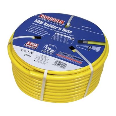 Faithfull Heavy-Duty Reinforced PVC Builders Hose 50M (164ft) 12.5mm (1/2in) Diameter – 24 Braid Fibre Mesh, Kink & Twist Resistant Hose Pipe