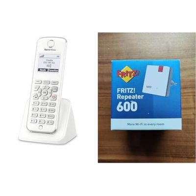 AVM Fritz!Fon M2 DECT-Telefoon, Wit & AVM FRITZ!WLAN Mesh Repeater 600 (WLAN N tot 600 Mbit/s (2,4 GHz), WPS, compacte constructie, Duitstalige versie)