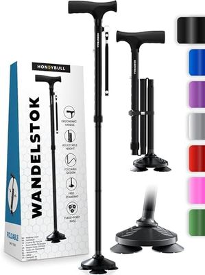 HONEYBULL Wandelstok voor Mannen & Vrouwen - Opvouwbaar, Verstelbaar, Inklapbaar, Vrijstaande Wandelstok, Draaibare Punt, Zwaar Uitgevoerd| Wandelstokken voor Senioren & Volwassenen [ZWART]