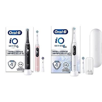 Oral-B iO 6 Brosses À Dents Électriques Lot De 2 Noire Et Rose, Manches Avec Écran Noir & iO 6N Brosse À Dents Électrique Blanche connectée Bluetooth, 2 Brossettes, 1 Étui De Voyage