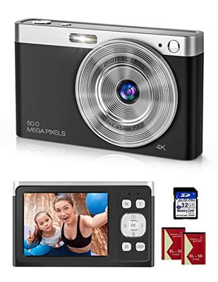 Y-YOPZI 4K Ultra HD mini-videocamera, 50 MP 2, 88 inch lcd-oplaadbare compacte studentencamera met 16-voudige digitale zoom, YouTube-vlogging-camera voor kinderen, volwassenen, beginners (zwart)