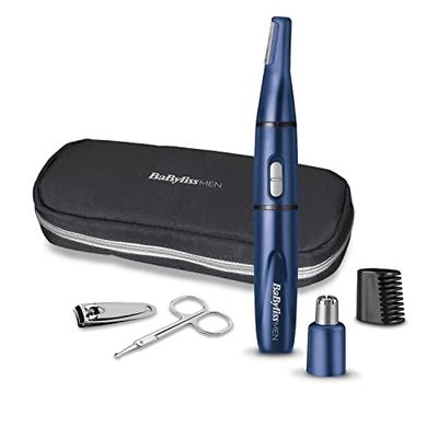 BaByliss 7058PE Set de Aseo Personal, Mini Afeitadora, Cortapelos Nariz y Orejas, Recortadora de Precisión con Guía para Cejas, Tijeras y Cortaúñas