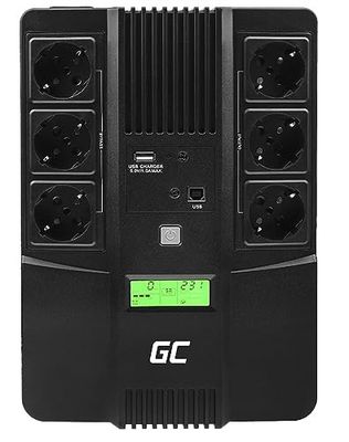 Green Cell® UPS USV oavbruten strömförsörjning 600 VA (360 W) med överspänningsskydd 230 V linjeinteraktiv spänningsreglering AVR USV-system USB/RJ45 6X Schuko-utgångar LCD-skärm