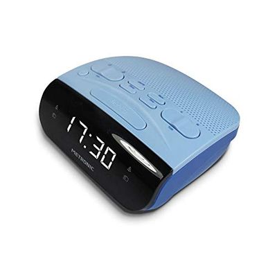 Metronic 477033 - Rádio despertador digital com relógio LED branco para mesa com função de alarme duplo, Sleep/Snooze e sintonizador de rádio AM/FM com memória para 20 emissoras, cinzento / azul