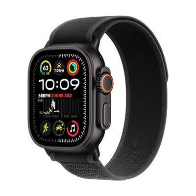 Apple Watch Ultra 2 (GPS + Cellular 49 mm) Smartwatch, sporthorloge - robuuste kast van zwart titanium - Zwart Trail‑bandje (M/L). Conditie bijhouden, nauwkeurige gps, actieknop, CO₂-neutraal