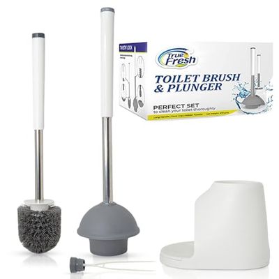 True fresh Toilet Brush & Plunger Set for Bathroom, Toilet Plunger for bathroom & Toilet Brush, 2 in 1 plunger and brush set with Holders Caddy and Stainless Steel & Plastic Handle with hidden tweezer
