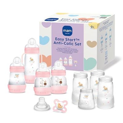 MAM Easy Start Anti-koliek starterset, meegroeiende babyuitrusting met fopspeen, flessen en handgrepen, babycadeauset, vanaf de geboorte, roze