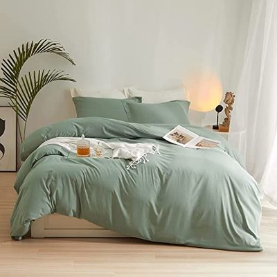Juego de Funda de edredón de Microfibra Lavada Suave tamaño matrimonial, 3 Piezas, 1 Funda de edredón de 80 x 90 Pulgadas con 2 Fundas de Almohada, Funda de edredón de Color Verde Claro, Funda de