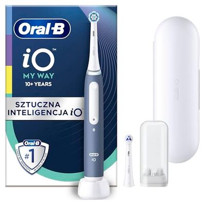 Oral-B iO My Way Szczoteczka elektryczna stworzona w technologii Braun z 4 trybami dla wrażliwych zębów, w zestawie 1 niebieska rączka i 2 wymienne końcówki, 1 etui podróżne, dla nastolatków +12 lat