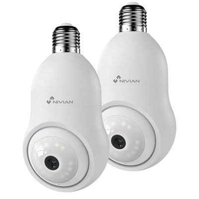 NIVIAN Draadloze bewakingscamera, type gloeilamp, 2 K, 360 graden beweging, met audio, detectie en bewaking van mensen, nachtzicht, compatibel met Alexa, Google Home, Tuya-app (verpakking van 2