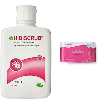 Hibi 9X0032 Hibiscrub Antimicrobial Skin Cleanser, 250ml & Clinell Chlorhexidine Wash Cloths - Body Wipes, Rinse Free Solution, Kills Bacteria, Dermatologically Tested - Pack of 8 Cloths (Pink)