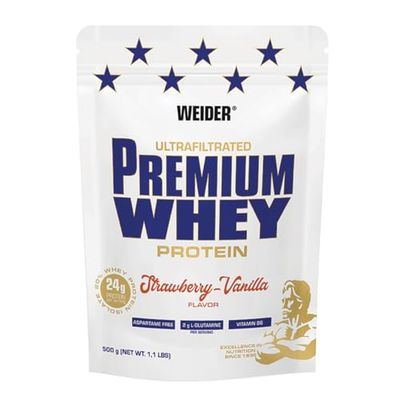 Weider Premium Whey Protein Poudre - Haute Teneur en Protéines, Faible Teneur en Glucides & Faible Teneur en Graisses avec L-Glutamine et Vitamine B6-500 g - Fraise-Vanille
