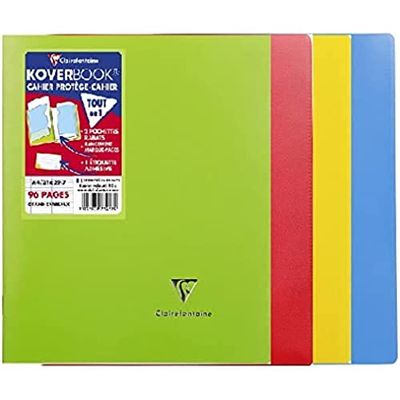 Clairefontaine 971412AMZC - Set van 4 Koverbook Geniet Schriften - A4 21x29,7cm -96 Grote Ruiten Pagina's -90g Wit Papier -100% gerecycleerde kaft in willekeurige kleuren (Blauw, Rood, Groen en Geel)