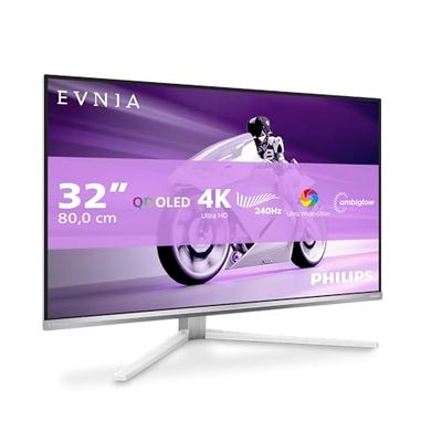 Philips Evnia 32M2N8900AM - Monitor Gaming OLED UHD de 32 Pulgadas, 240 Hz, 0,03 ms, HDR400, FreeSync Prem. Pro, compilación G-Sync. (3840x2160, 2X HDMI 2.1, 1x DP 1.4, 1x USB-C, Blanco