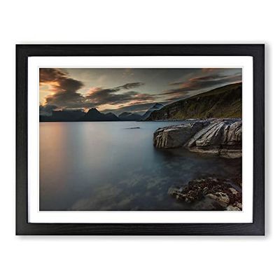 Landscape Sunset over Lake & Mountains No.2 Modern Framed Wall Art Print, Ready to Hang Picture for Living Room Bedroom Home Office Décor, Black A2 (64 x 46 cm)