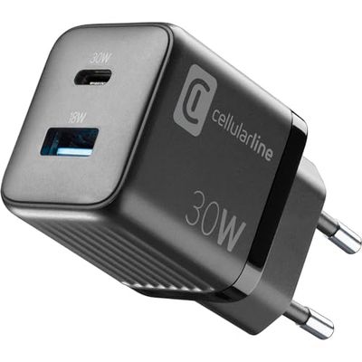 Cellularline | Caricabatterie da Rete Multipower Micro | Super Fast Charger 30W con 2 Porte USB-C - Dotato di Tecnologia Gan - Compatibile con Smartphone, iPhone, Tablet, iPad e MacBook