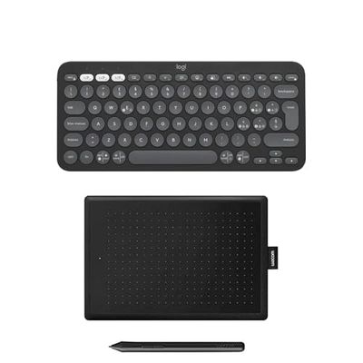 Logitech Pebble Keys 2 K380s, Tastiera Bluetooth Multidispositivo con Tasti di Scelta Rapida Personalizzabili + Wacom Onebywacom Small Tavoletta Grafica Con Penna, ITA QWERTY, Grafite